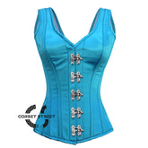 Baby Blue Satin With Front Silver Clasps Gothic Overbust Burlesque Corset Waist Training Top